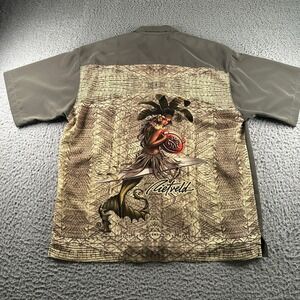 Rietveld Shirt Mens L Camp Button Up Olive Mermaid on Surfboard Print USA